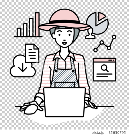 A farmer woman sitting at a desk and opening her PC for research and data analysis and reporting A farmer woman sitting at a desk and opening her PC for research and data analysis and reporting 85650795