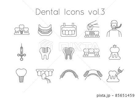 Dentistry icons. Thin line vector signs of dental clinic services. Oral health care concepts. Dental implants, surgery, orthodontics. Teeth diseases and treatment. Black outline pictograms 85651459