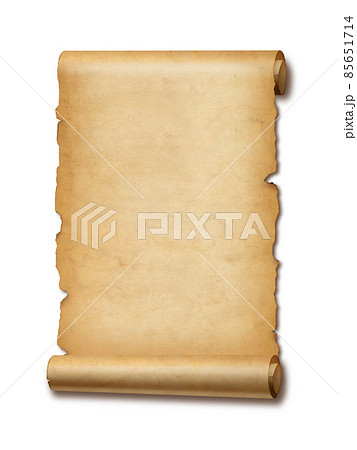 Old mediaeval paper sheet. Parchment scroll isolated on white with shadow Old mediaeval paper sheet. Parchment scroll isolated on white with shadow 85651714