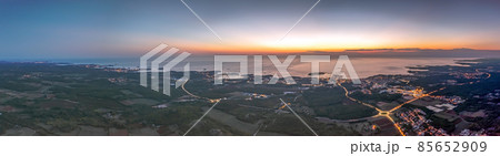 Drone panorama over Istrian Adriatic coast near Porec taken from high altitude at sunset 85652909