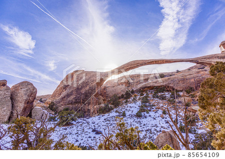 Panoramic picture of natural and geological wonders of Arches national park in Utah in winter Panoramic picture of natural and geological wonders of Arches national park in Utah in winter 85654109