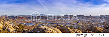 View on typical rock formations in Conyonlands National Park in Utah in winter 85654712