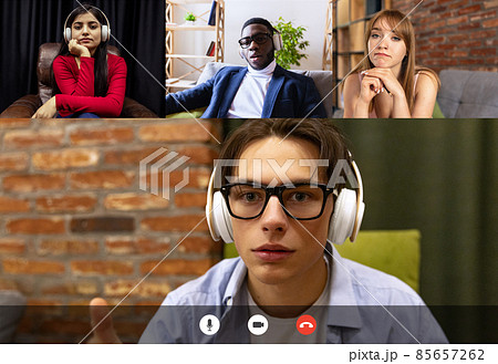 Teamworking, students at online lesson, class via group video call, people share ideas brainstorming use video conference. Collage Teamworking, students at online lesson, class via group video call, people share ideas brainstorming use video conference. Collage 85657262