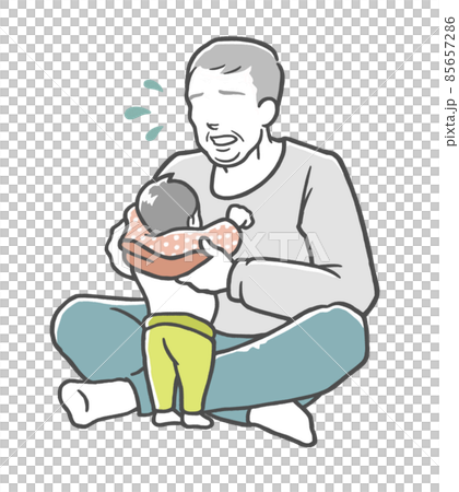 An old man helping his grandson change clothes with a troubled face An old man helping his grandson change clothes with a troubled face 85657286