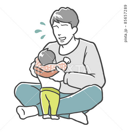 困った顔で子どもの着替えを手伝うお父さん 困った顔で子どもの着替えを手伝うお父さん 85657289