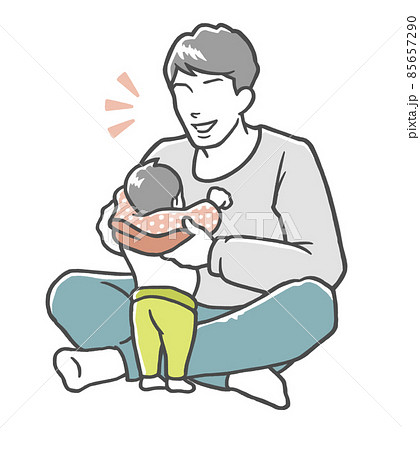 笑顔で子どもの着替えを手伝うお父さん 85657290