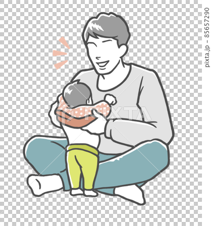 笑顔で子どもの着替えを手伝うお父さん 85657290