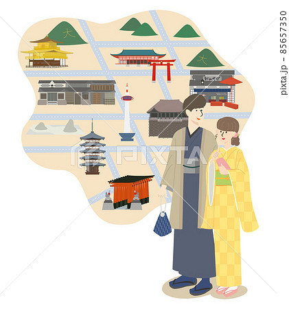 京都の有名な観光スポットを周る着物を着た若い男女のカップルのイラスト素材