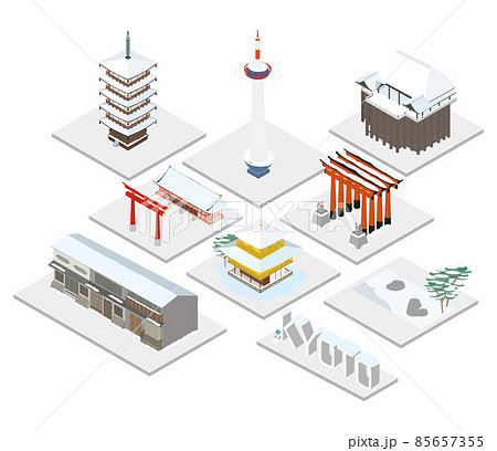 雪が積もる京都の有名観光地のアイソメセット 85657355