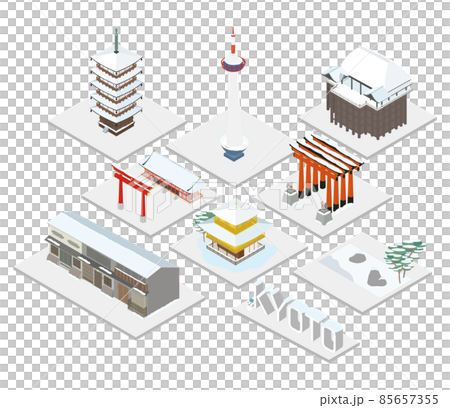 雪が積もる京都の有名観光地のアイソメセット 85657355