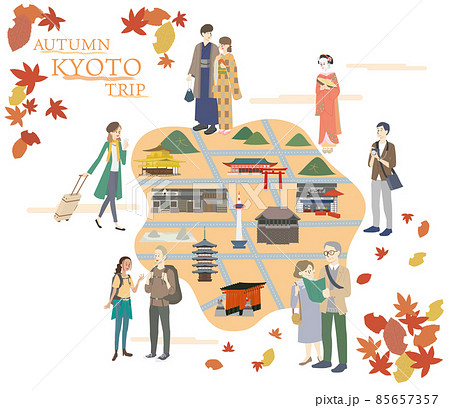 秋の京都旅行の観光地と人物セット 85657357