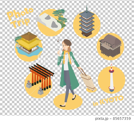 A woman who goes around taking pictures of famous places in Kyoto with a smartphone camera 85657359