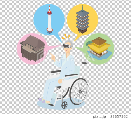 入院中に車椅子に座りVRを使って京都観光する男性 85657362