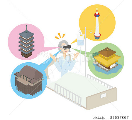 入院中に病院のベッドの上でVRを使って京都観光する女性 85657367