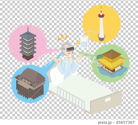 入院中に病院のベッドの上でVRを使って京都観光する女性 85657367