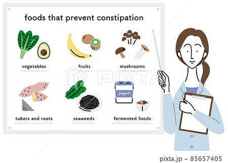 便秘に効く食べ物について説明する女性医師 英語ver のイラスト素材