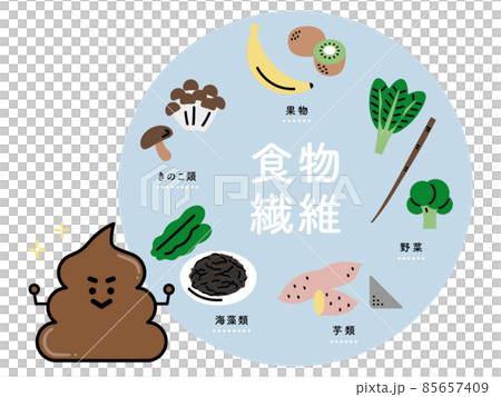 食物繊維を含む食べ物と 健康的なうんちのキャラクター 日本語ver のイラスト素材