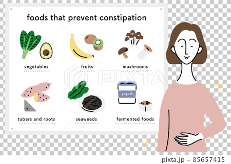 便秘に効く食べ物と 健康的な女性 イラストセット 英語ver のイラスト素材
