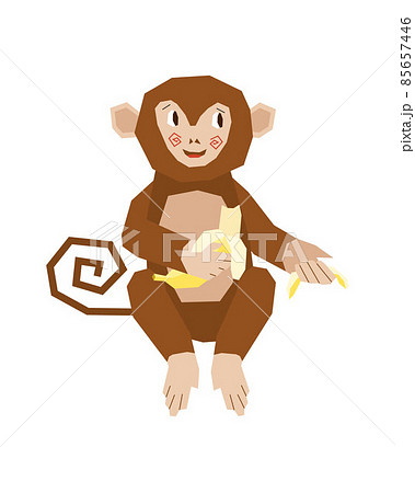 A cute little monkey eats a peeled ripe banana. A monkey squatting with its tail twisted into a spiral. Vector illustration in flat style. 85657446