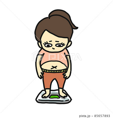 体重計に乗る、ふくよかな女性のイラスト。不満そうな顔をしています。 85657893