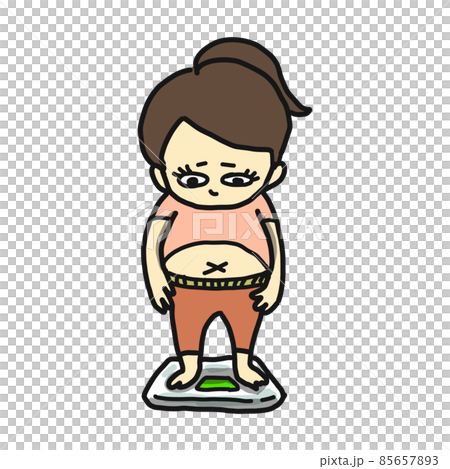 体重計に乗る、ふくよかな女性のイラスト。不満そうな顔をしています。 85657893