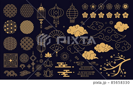 Chinese new year decoration elements, clouds and festive lanterns. Traditional asian patterns and ornaments, sakura flowers vector set 85658330