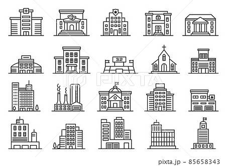 City building icon, stadium, cafe, government, hotel, bank, hospital. Office and apartment buildings, urban architecture line icon vector set 85658343