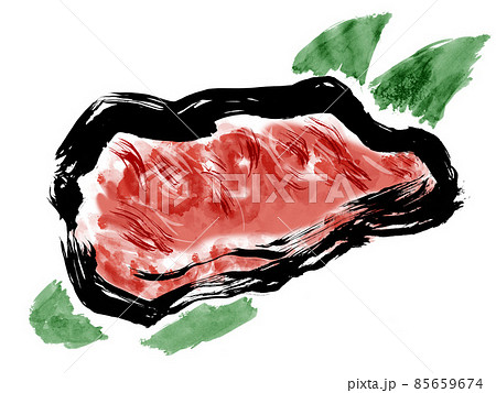 生の牛ステーキ塊肉の和風手描き筆描きイラスト 生の牛ステーキ塊肉の和風手描き筆描きイラスト 85659674