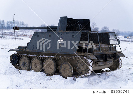 Russia. Saint-Petersburg. Krasnoselsky district. December 12, 2021. German Marder-2 anti-tank self-propelled gun in the Steel Landing tank Park. Russia. Saint-Petersburg. Krasnoselsky district. December 12, 2021. German Marder-2 anti-tank self-propelled gun in the Steel Landing tank Park. 85659742