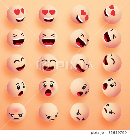 Smile faces happy emoticons. 3d emoji set. Smiley face icons with different expressions. Cartoon characters smile and sad faces 85659769