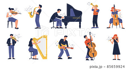 Musician. Cartoon people playing on musical instruments, jazz and symphony orchestral musicians performance. Vector isolated set 85659924