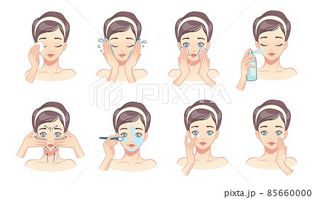 Face skin care. Cartoon young woman washing and cleaning her face with water and lotions. Vector Beaty procedures 85660000
