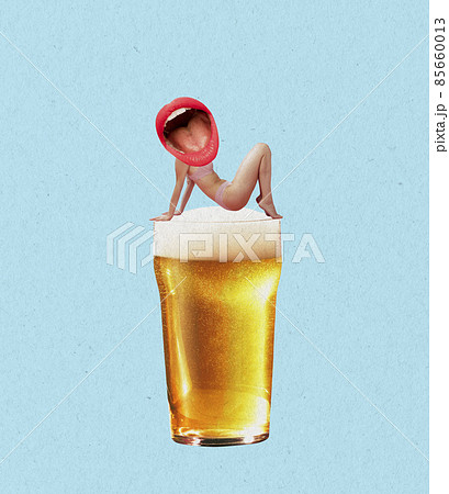 Slim woman with open mouth insted head sitting on edge of big glass with frothy lager beer. Contemporary art collage. Surrealism 85660013