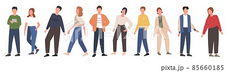 Set multicultural group of people isolated on white background. Multiracial diversity character standing together in line. Vector illustration 85660185