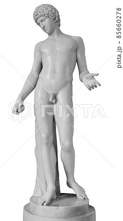 Ancient white marble full length sculpture of naked young man. Antique classic statue of youngster isolated on white. Stone figure of teenager Ancient white marble full length sculpture of naked young man. Antique classic statue of youngster isolated on white. Stone figure of teenager 85660278