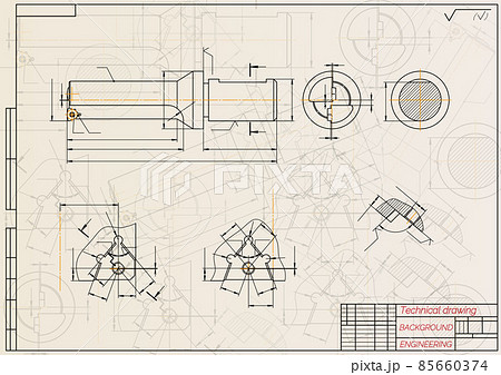 Mechanical engineering drawings on light background. Tap tools, borer. Technical Design. Cover. Blueprint. Vector illustration. Mechanical engineering drawings on light background. Tap tools, borer. Technical Design. Cover. Blueprint. Vector illustration. 85660374