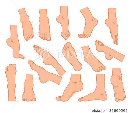 Human feet. Cartoon male and female body ankle elements. Barefoot with fingers. Pedicure illustration. Naked foot sole posing. Cosmetic skin care pedicure. Vector bare legs positions set 85660565