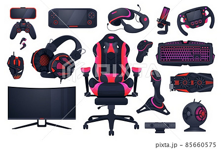 Game accessories. Professional gaming and IT profession equipment. Gamepad and computer monitor. PC peripherals. VR glasses or keypad. Isolated chair and headset. Vector devices set 85660575