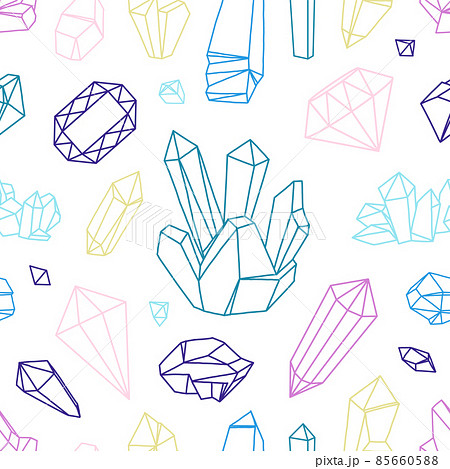 Treasure stones pattern. Seamless print with diamond and crystals gemstones. Faceted gems. Natural minerals. Precious ruby and amethyst. Line rhinestone. Luxury jewels. Vector texture Treasure stones pattern. Seamless print with diamond and crystals gemstones. Faceted gems. Natural minerals. Precious ruby and amethyst. Line rhinestone. Luxury jewels. Vector texture 85660588