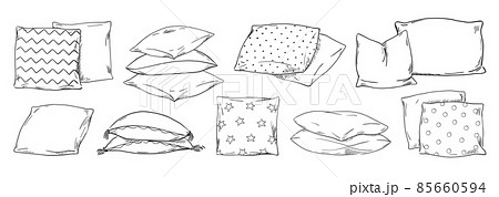 Cushion drawing. Doodle home bedroom pillows. Cozy hand drawn feather orthopedic bedding lay in stack. Interior comfortable sketch elements. Vector textile sleeping accessories set 85660594