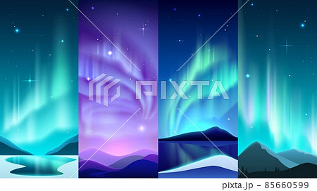 Aurora posters. Realistic Northern night sky glowing light with winter snowy landscapes. Mountains scenery. Arctic and Antarctic polar heaven illumination. Vector nighttime panoramas set 85660599