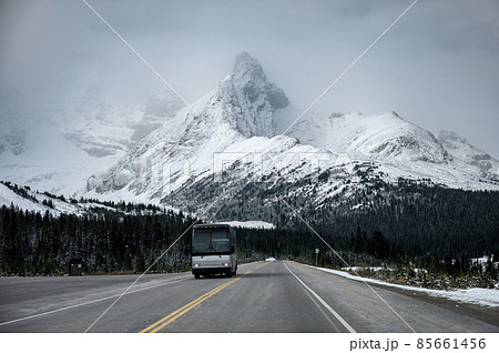 Bus driving on asphalt road with great snow mountain background Bus driving on asphalt road with great snow mountain background 85661456