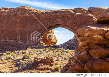 Picture of North Window Arch in the Arches National Park in Utah in winter Picture of North Window Arch in the Arches National Park in Utah in winter 85661783