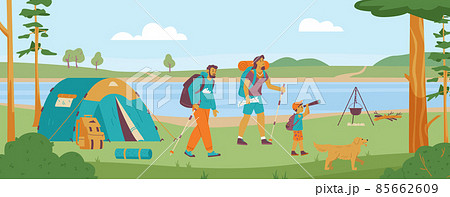 Family of tourists travel in forest with backpacks, flat vector illustration. Family of tourists travel in forest with backpacks, flat vector illustration. 85662609