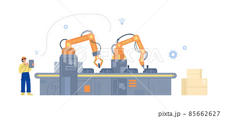 Smart automated robotic line with hi-tech machinery, illustration isolated. 85662627