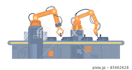 Smart factory production line with robotic arms, vector illustration isolated. 85662628