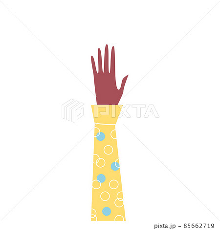 Person of color raises arm and hand, flat vector illustration isolated on white background. Person of color raises arm and hand, flat vector illustration isolated on white background. 85662719