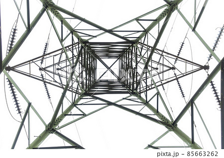 Photograph looking up internally through a large steel electrical transmission tower Photograph looking up internally through a large steel electrical transmission tower 85663262