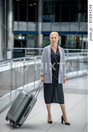 Cheerful businesswoman with her baggage standing at the airport terminal Cheerful businesswoman with her baggage standing at the airport terminal 85664248