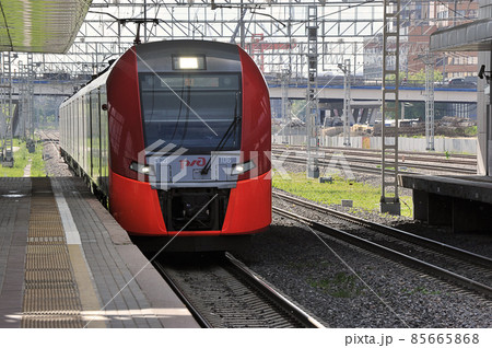 Lastochka train of the Moscow Metro arrives at the Vladykino platform in Moscow Lastochka train of the Moscow Metro arrives at the Vladykino platform in Moscow 85665868